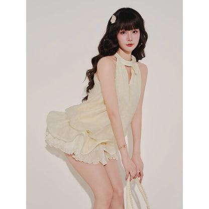 Colin Short Floral Chiffon Pinafore Dress With Ruffled Hem And Flower Detail