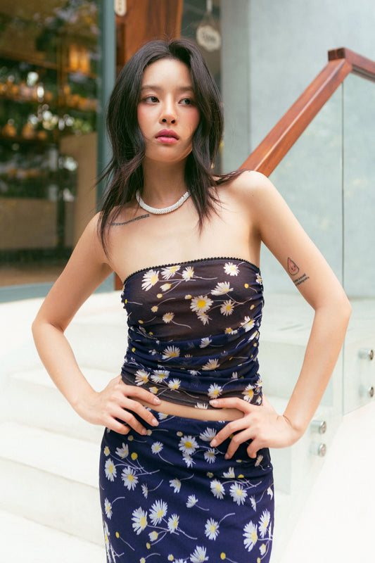 Libe Daisy Floral Lace Trim Mesh Tube Top (Pre-order)