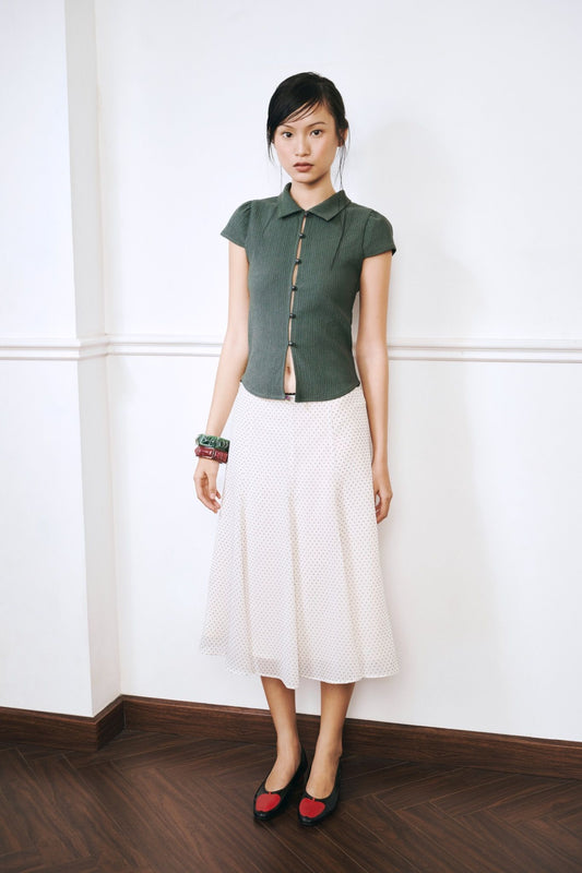 Libe Dark Green Button-Up Short Sleeve Top (Pre-order)
