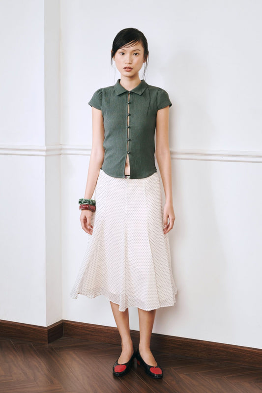 Libe Dark Green Button-Up Short Sleeve Top (Pre-order)