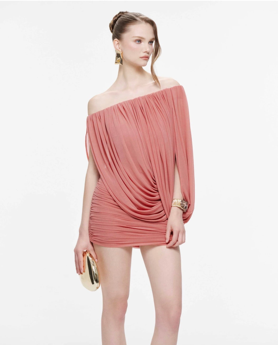 Mollynista One- Shoulder Stretch Mesh Cape Dress