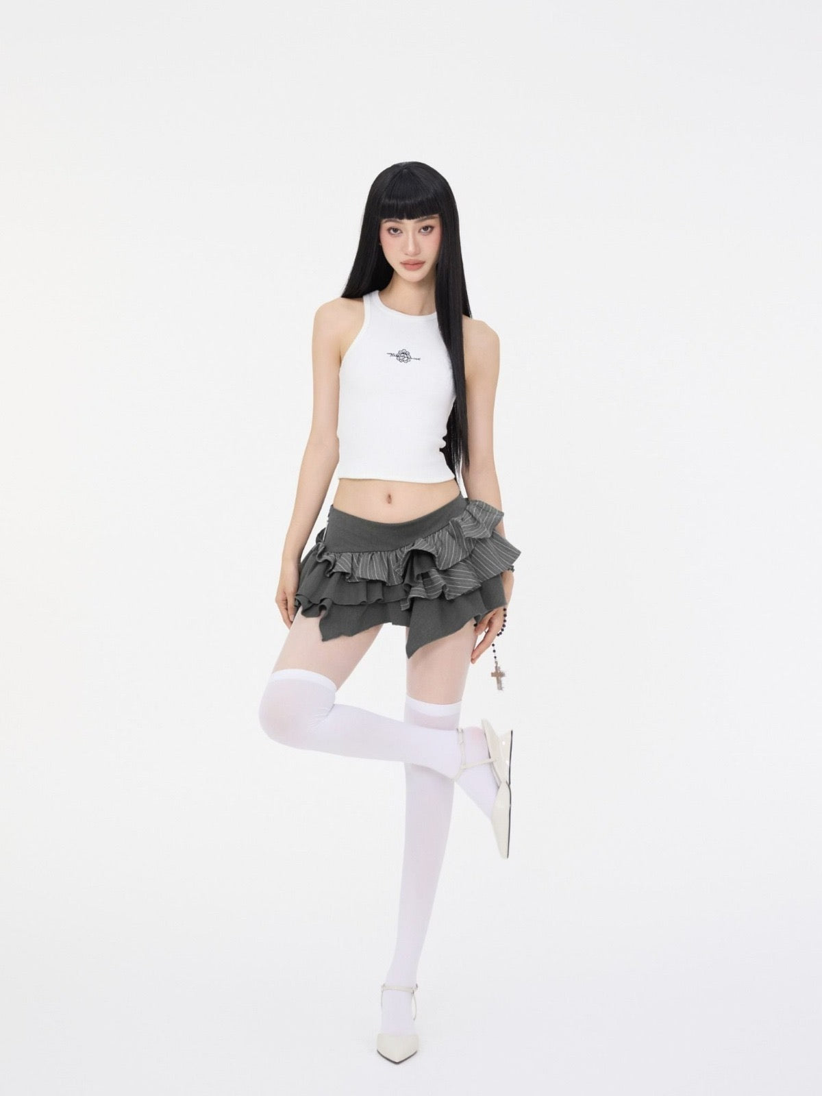 Tsun Ruffle Asymmetrical Mini Skirt Grey - Delivery within 48 hours