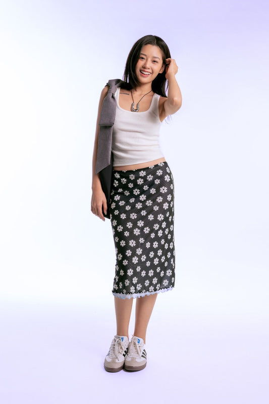 Libe Floral Lettuce Hem Mesh Mid Length Skirt (Pre-order)