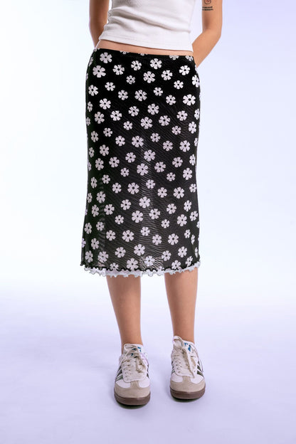Libe Floral Lettuce Hem Mesh Mid Length Skirt (Pre-order)