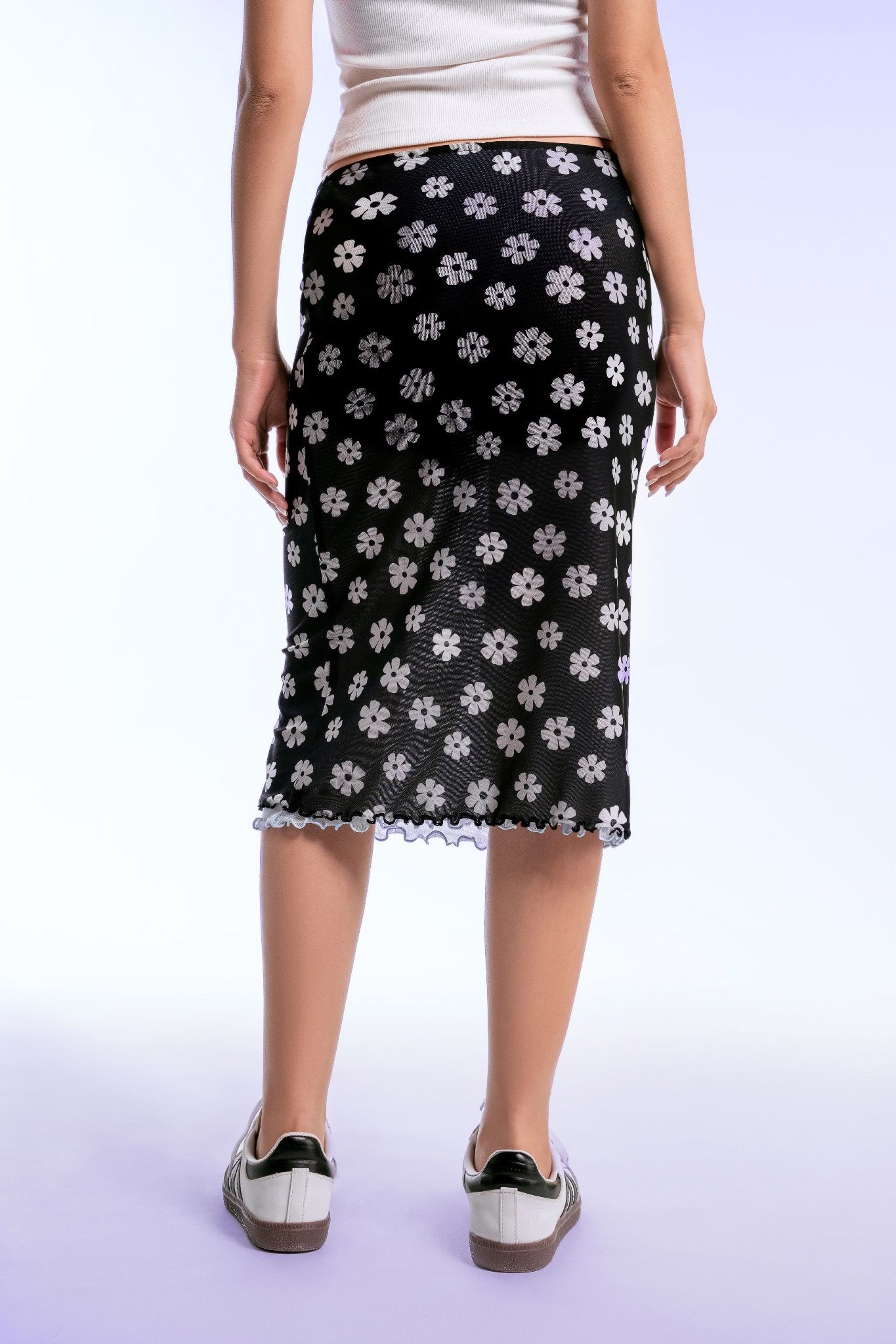Libe Floral Lettuce Hem Mesh Mid Length Skirt (Pre-order)