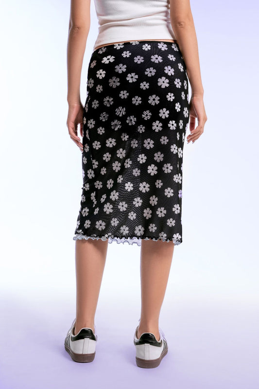 Libe Floral Lettuce Hem Mesh Mid Length Skirt (Pre-order)