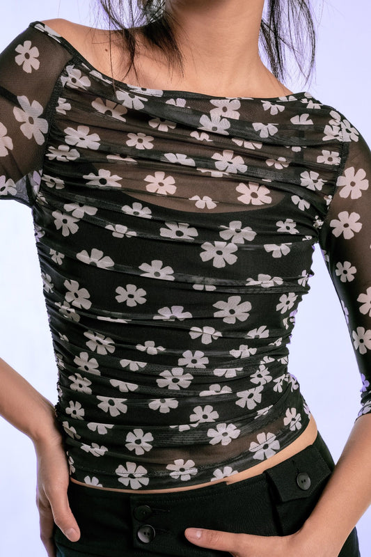 Libe Floral One Shoulder Mesh Top (Pre-order)