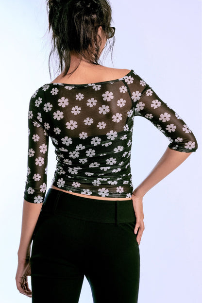 Libe Floral One Shoulder Mesh Top (Pre-order)