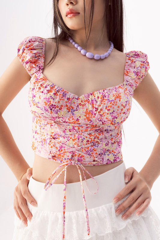 Libe Floral Scoop Neck Drawstring Top (Pre-order)