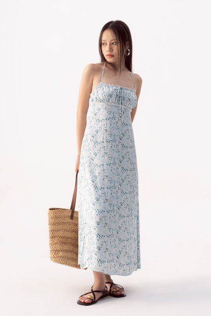 Libe Green Floral Lace Hem Silk Midi Dress (Pre-order)