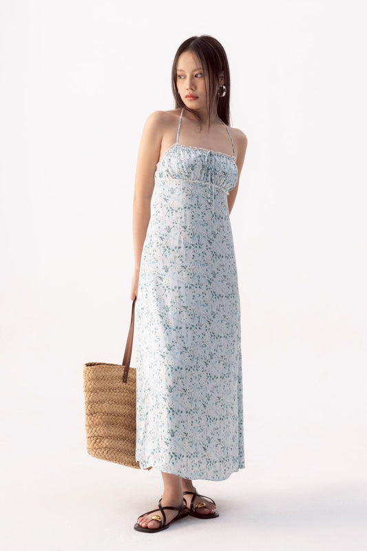 Libe Green Floral Lace Hem Silk Midi Dress (Pre-order)