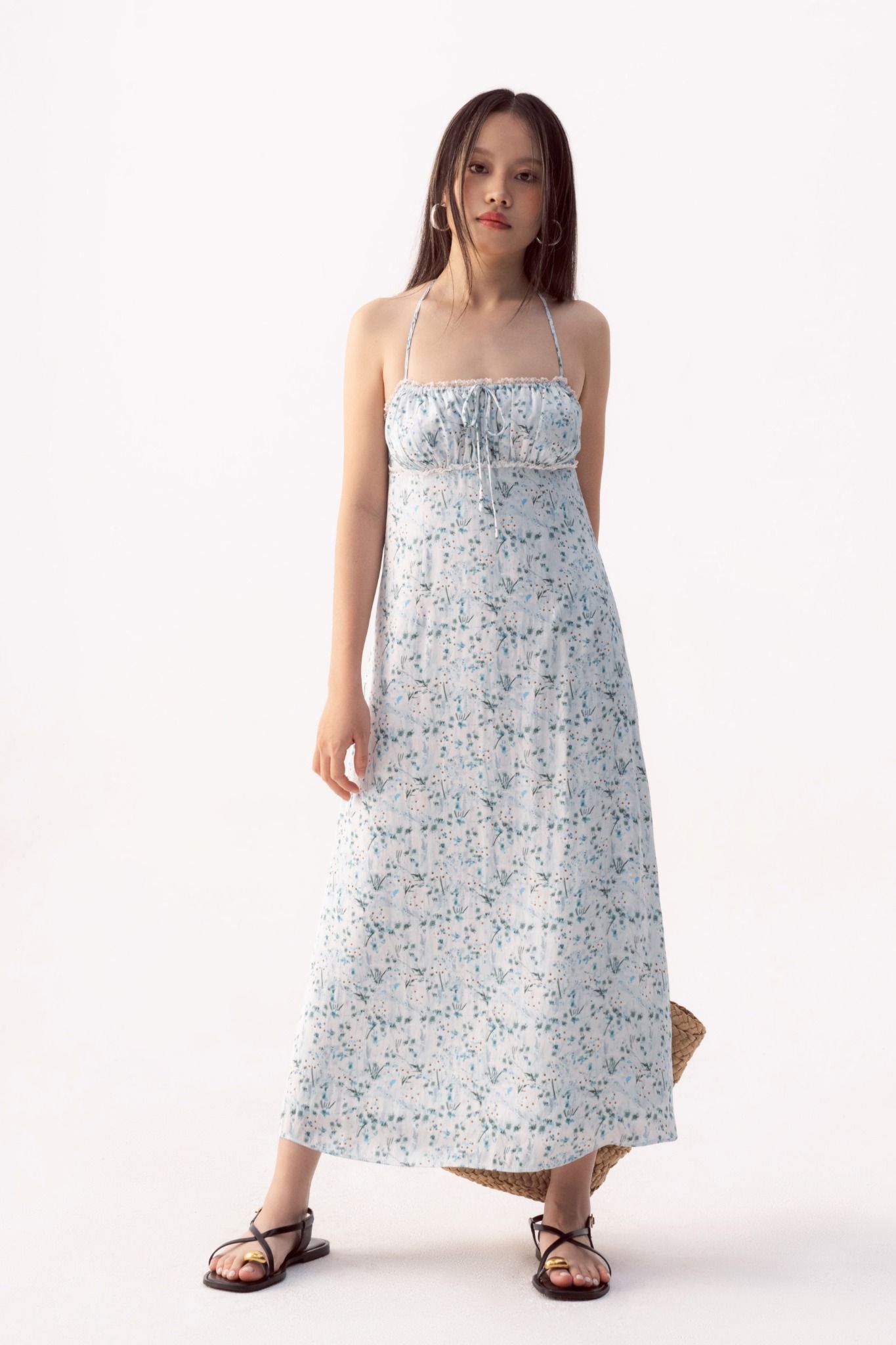 Libe Green Floral Lace Hem Silk Midi Dress (Pre-order)