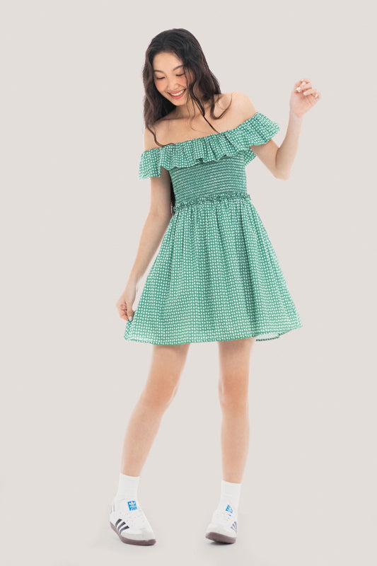 Libe Green Polka Dot Off Shoulder Mini Dress (Pre-order)