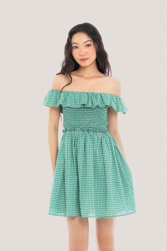 Libe Green Polka Dot Off Shoulder Mini Dress (Pre-order)