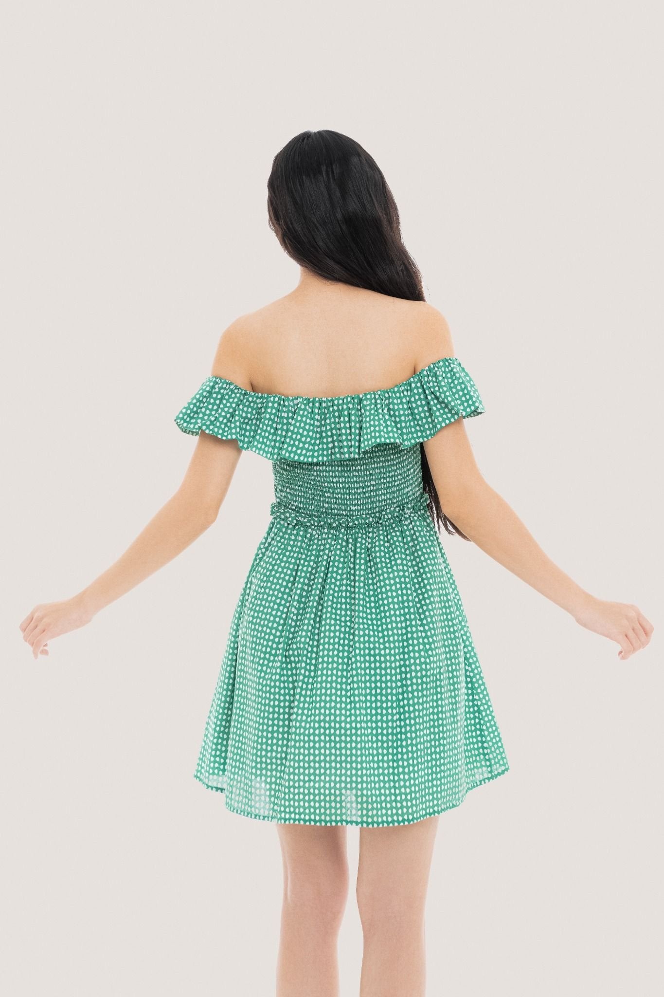 Libe Green Polka Dot Off Shoulder Mini Dress (Pre-order)