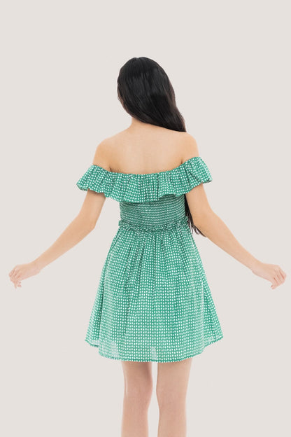 Libe Green Polka Dot Off Shoulder Mini Dress (Pre-order)