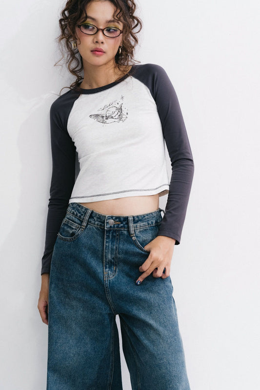 Libe Grey Printed Long Sleeve Raglan Top (Pre-order)