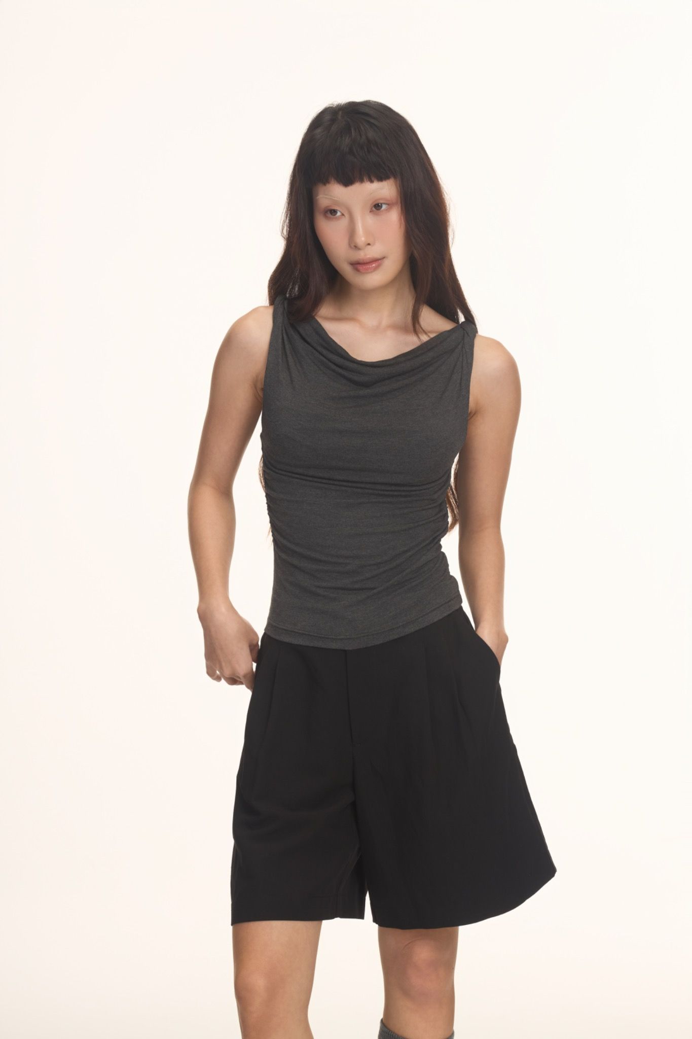 Libe Grey Twist Shoulder Top (Pre-order)