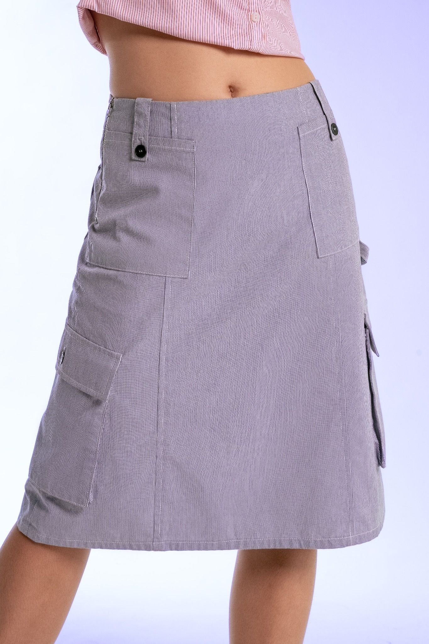 Libe Hairline Striped Khaki Mid Length Skirt (Pre-order)