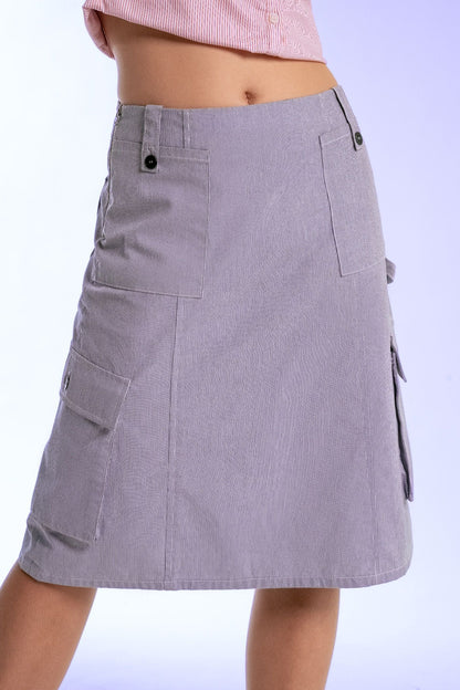 Libe Hairline Striped Khaki Mid Length Skirt (Pre-order)