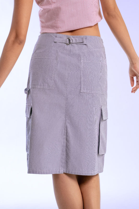 Libe Hairline Striped Khaki Mid Length Skirt (Pre-order)