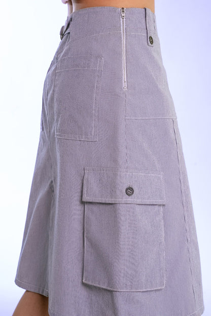 Libe Hairline Striped Khaki Mid Length Skirt (Pre-order)