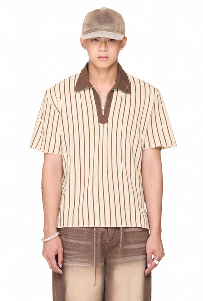 The Beuter Half Zip Striped Polo - Beige