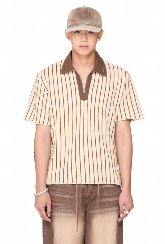The Beuter Half Zip Striped Polo - Beige