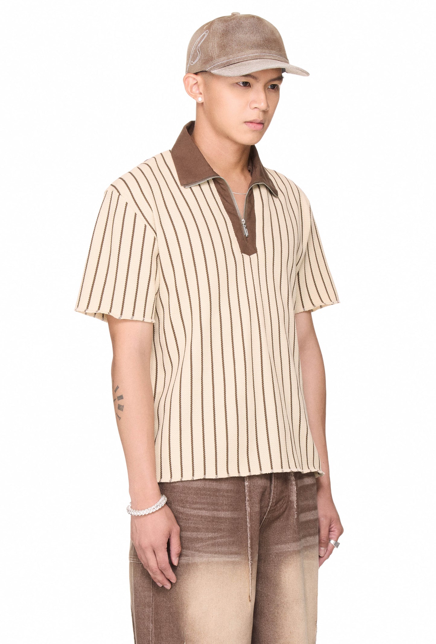 The Beuter Half Zip Striped Polo - Beige