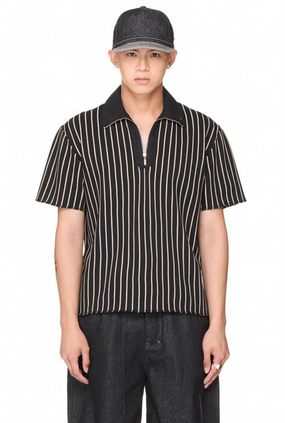 The Beuter Half Zip Striped Polo - Black