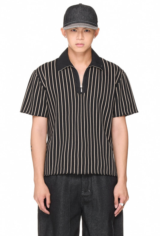 The Beuter Half Zip Striped Polo - Black