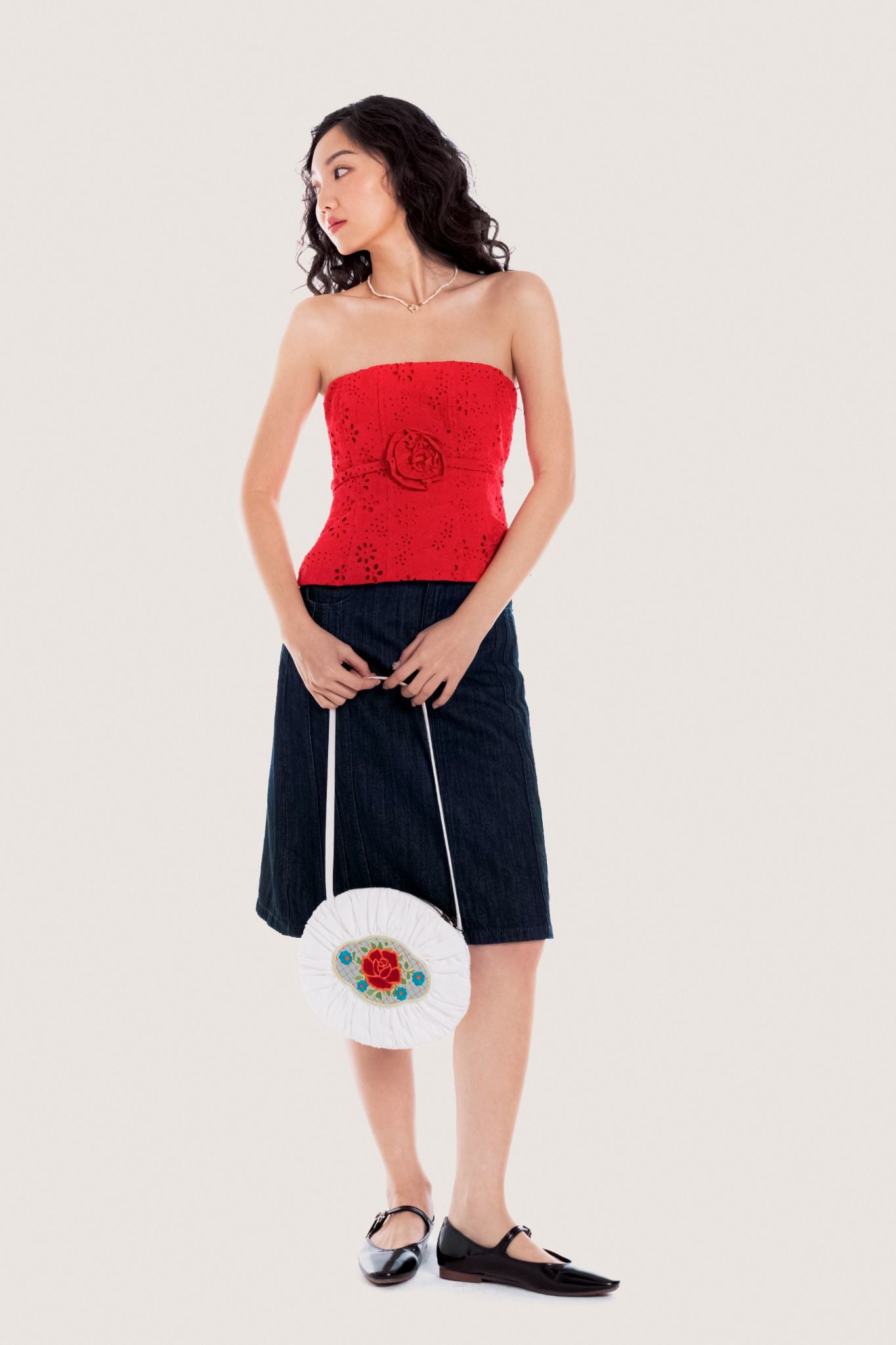 Libe Hot Red Flower Embellished Eyelet Tube Top (Pre-order)