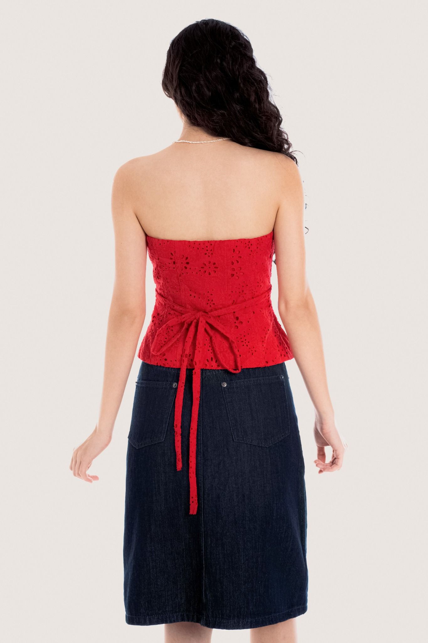 Libe Hot Red Flower Embellished Eyelet Tube Top (Pre-order)