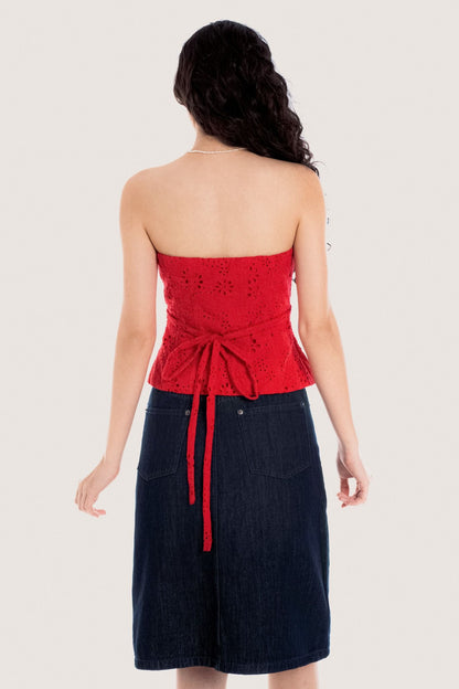 Libe Hot Red Flower Embellished Eyelet Tube Top (Pre-order)