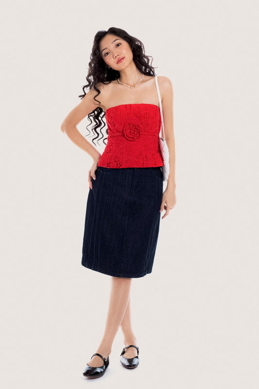 Libe Hot Red Flower Embellished Eyelet Tube Top (Pre-order)
