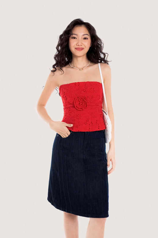 Libe Hot Red Flower Embellished Eyelet Tube Top (Pre-order)