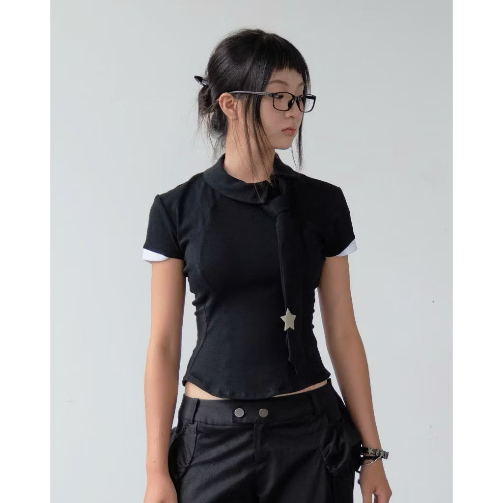 UYU Label Asymatrical Collar with Tie Top