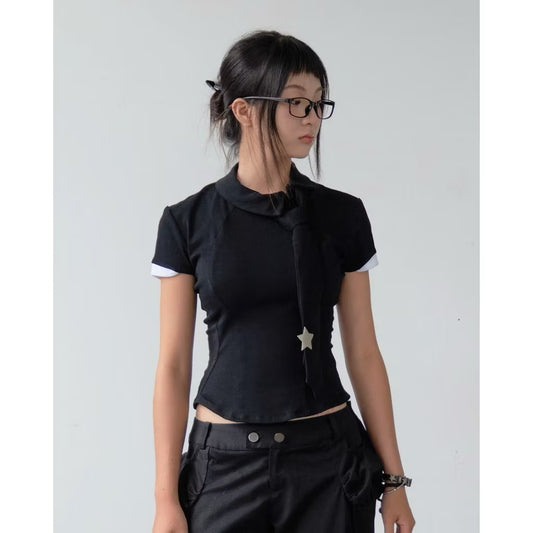 UYU Label Asymatrical Collar with Tie Top