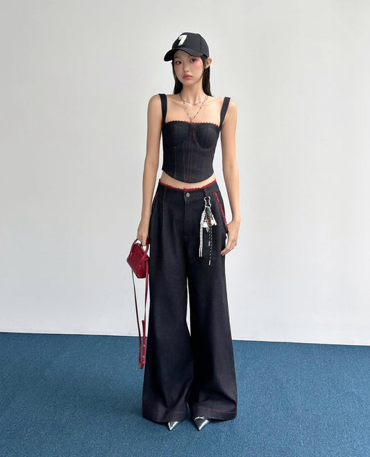 Hoo Desgin Double Strap Denim with Red Lace Trim Top (Pre order)