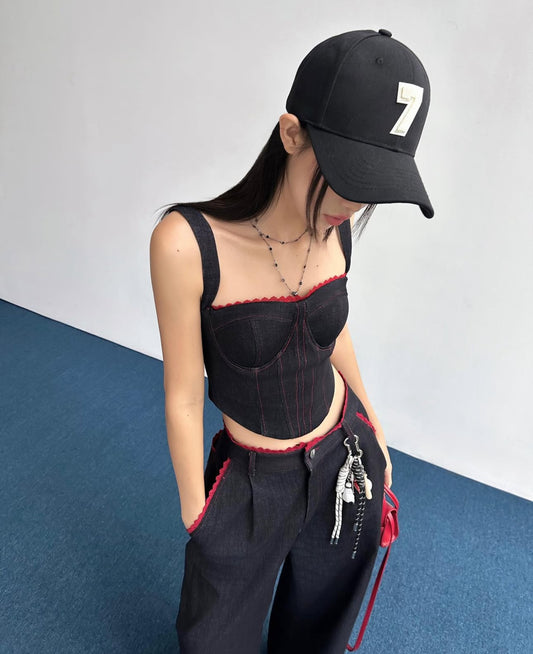 Hoo Desgin Double Strap Denim with Red Lace Trim Top (Pre order)