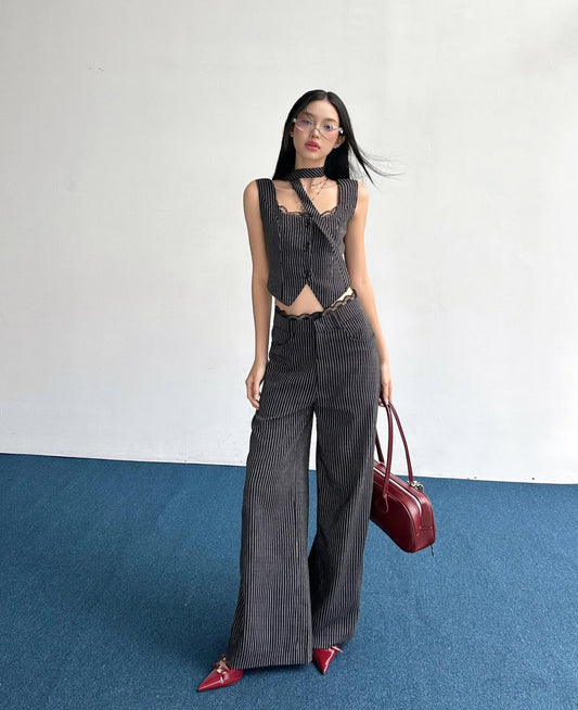 Hoo Design Pinstripe Lace-Trim Vest Top with Pants (Pre order)