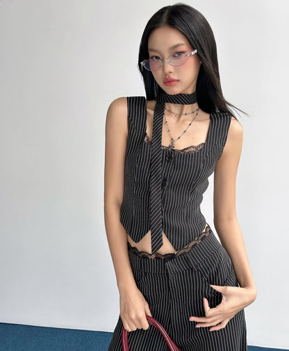 Hoo Design Pinstripe Lace-Trim Vest Top with Pants (Pre order)