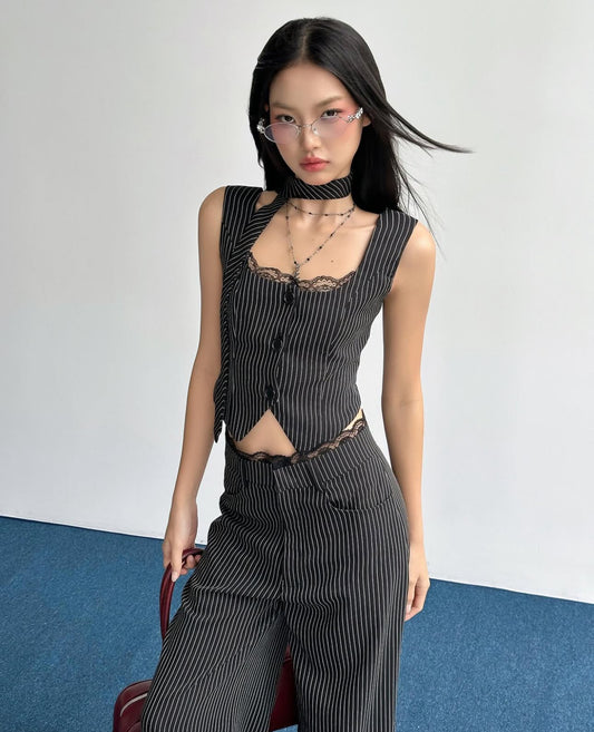 Hoo Design Pinstripe Lace-Trim Vest Top with Pants (Pre order)