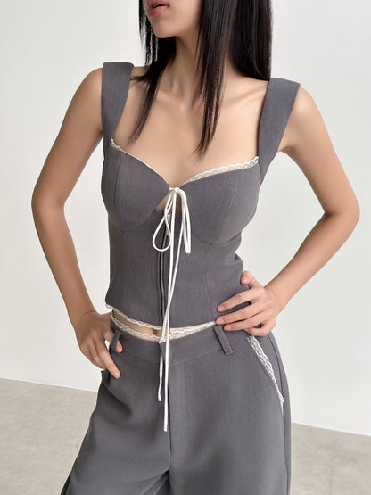 Hoo Design Grey Wide-Leg Pants with Corset Top (Pre order)