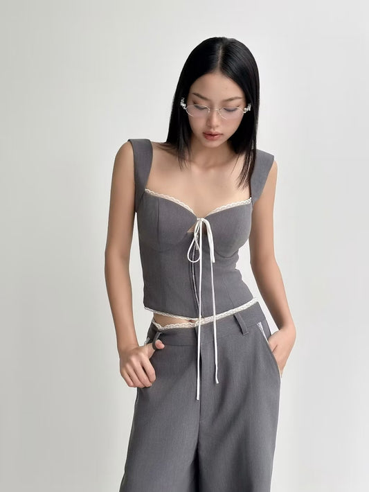 Hoo Design Grey Wide-Leg Pants with Corset Top (Pre order)