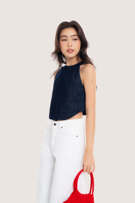 Libe Indigo Halter Neck Denim Top (Pre-order)