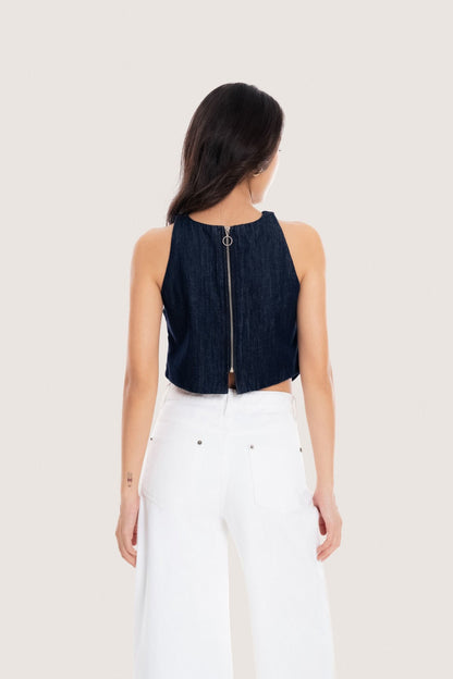 Libe Indigo Halter Neck Denim Top (Pre-order)
