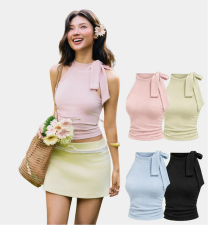 La Boutique Tie-Neck Halter Crop Top