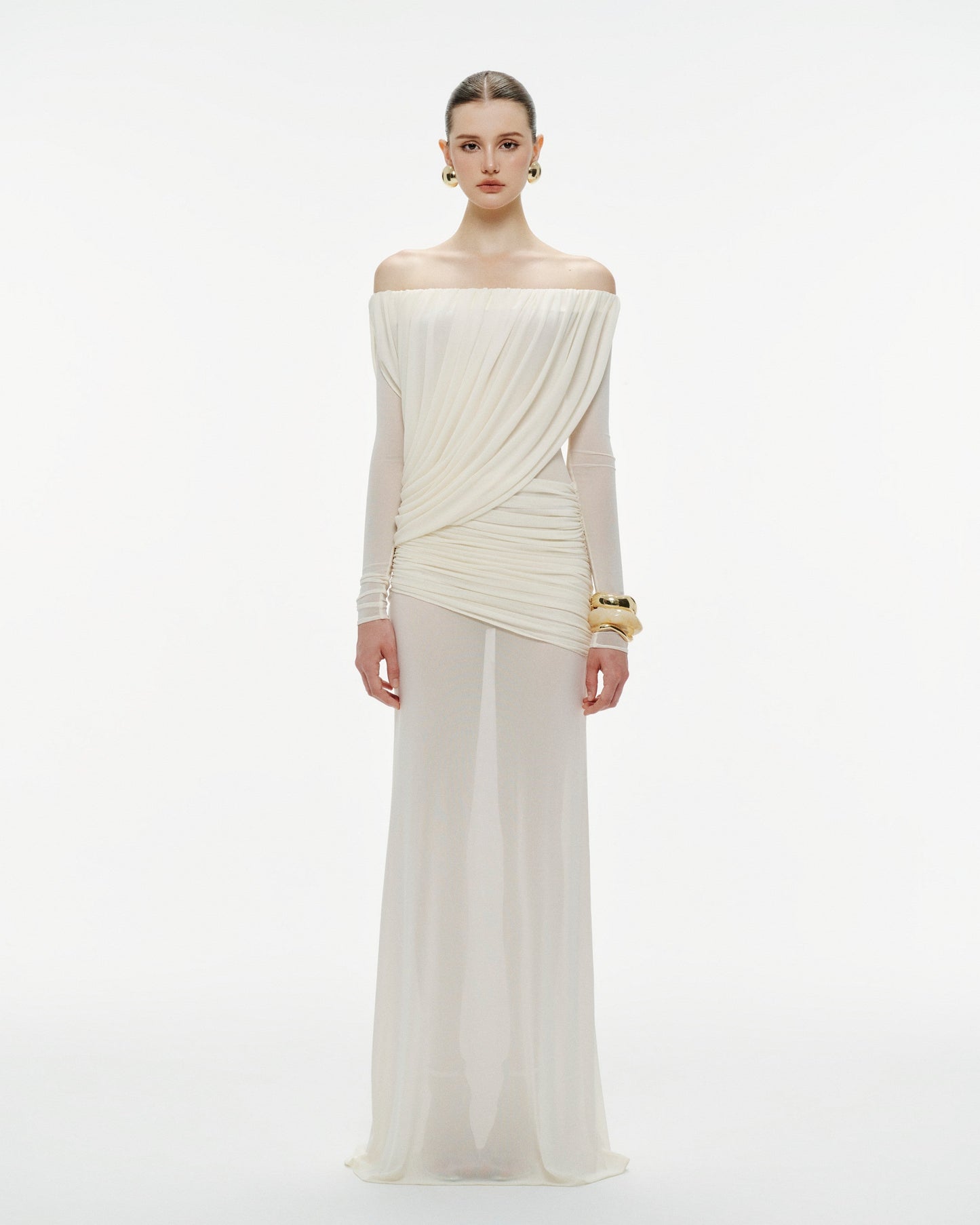 Mollynista Off-Shoulder Draped Mesh Dress