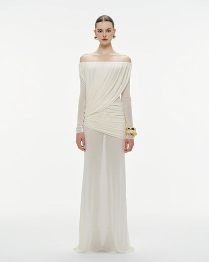 Mollynista Off-Shoulder Draped Mesh Dress